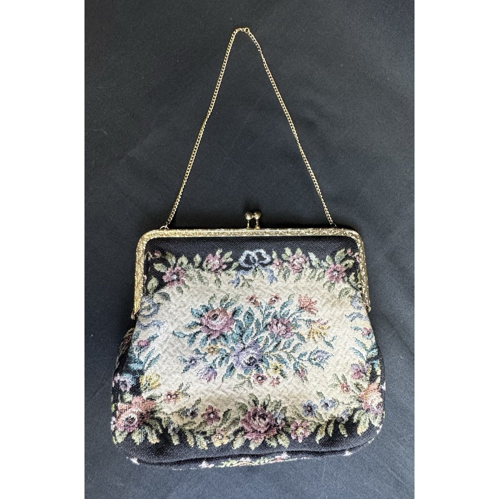 Vintage West German Black Petit Point Evening Bag Purse Floral Tapestry